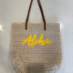 Cream and Yellow Woven Tote Bag with Aloha Design